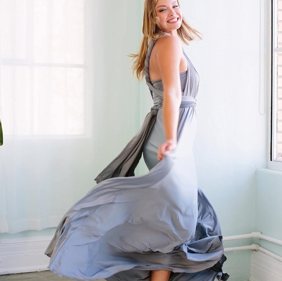 Convertible Infinity Dress & Bandeau Long Maxi Bridesmaid/Prom Dress Silver - Picture 6 of 7